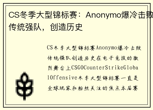 CS冬季大型锦标赛：Anonymo爆冷击败传统强队，创造历史